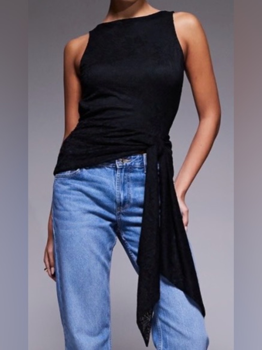 AFRM Black Lace Sleeveless Top with Knotted Drape and Open Back
